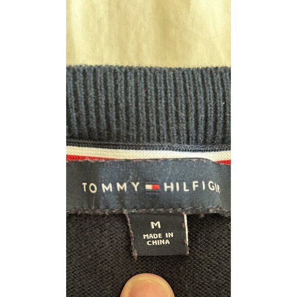 Vintage Tommy Hilfiger Sweater Navy w Red Hearts Cotton Logo Y2K Crew Neck XL - Picture 5 of 8